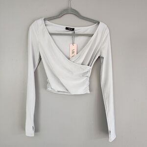 Micas Women’s Medium silver Long-Sleeve wrap crop top NWT stretchy